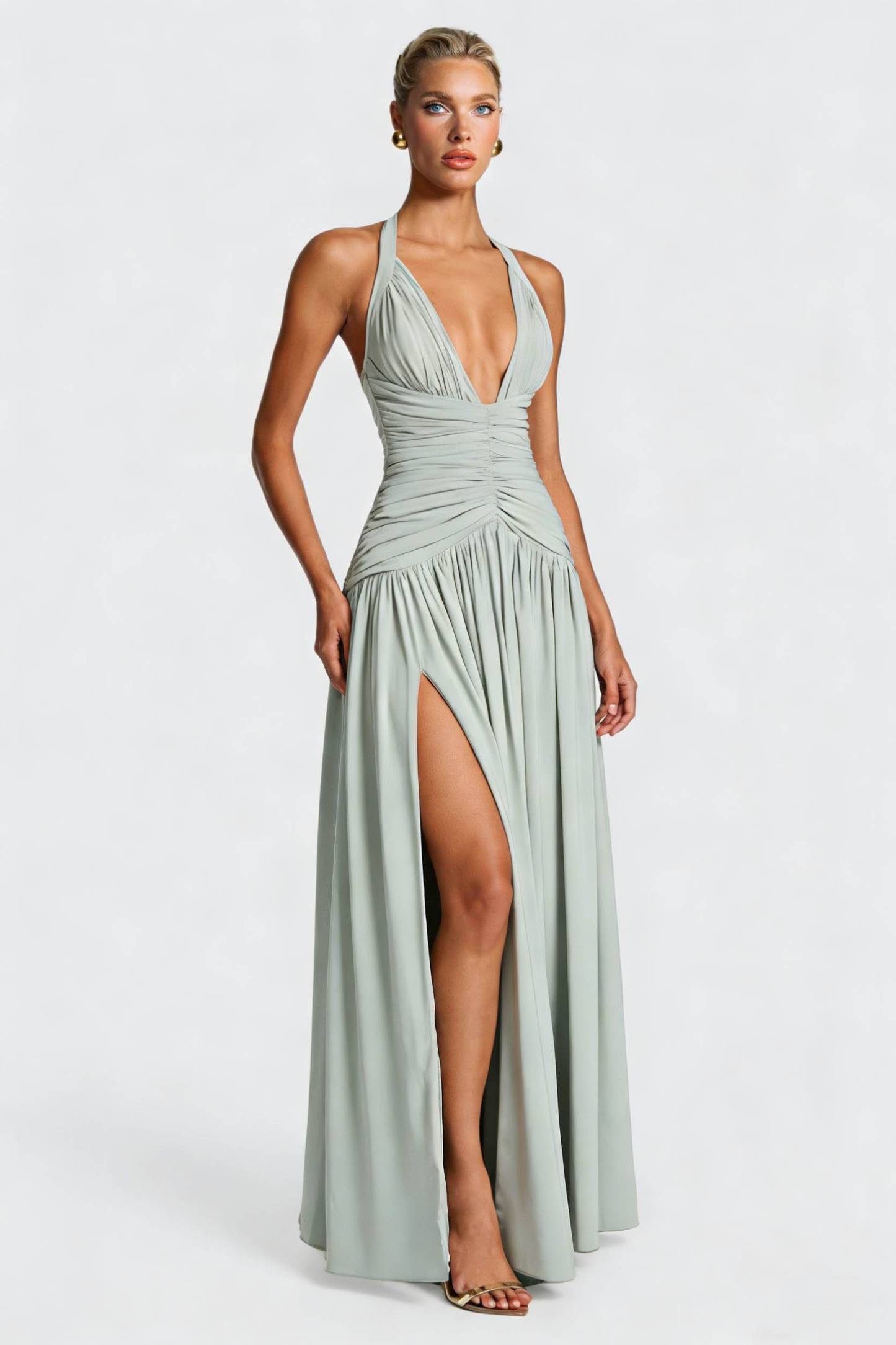 Halter Neck Pleated Slit Maxi Dress