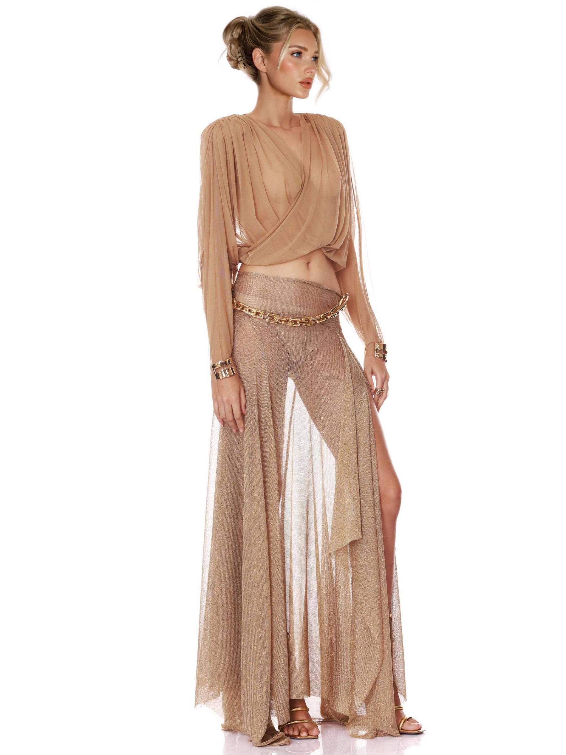 V-Neck Top And Side Slit Skirt Suit