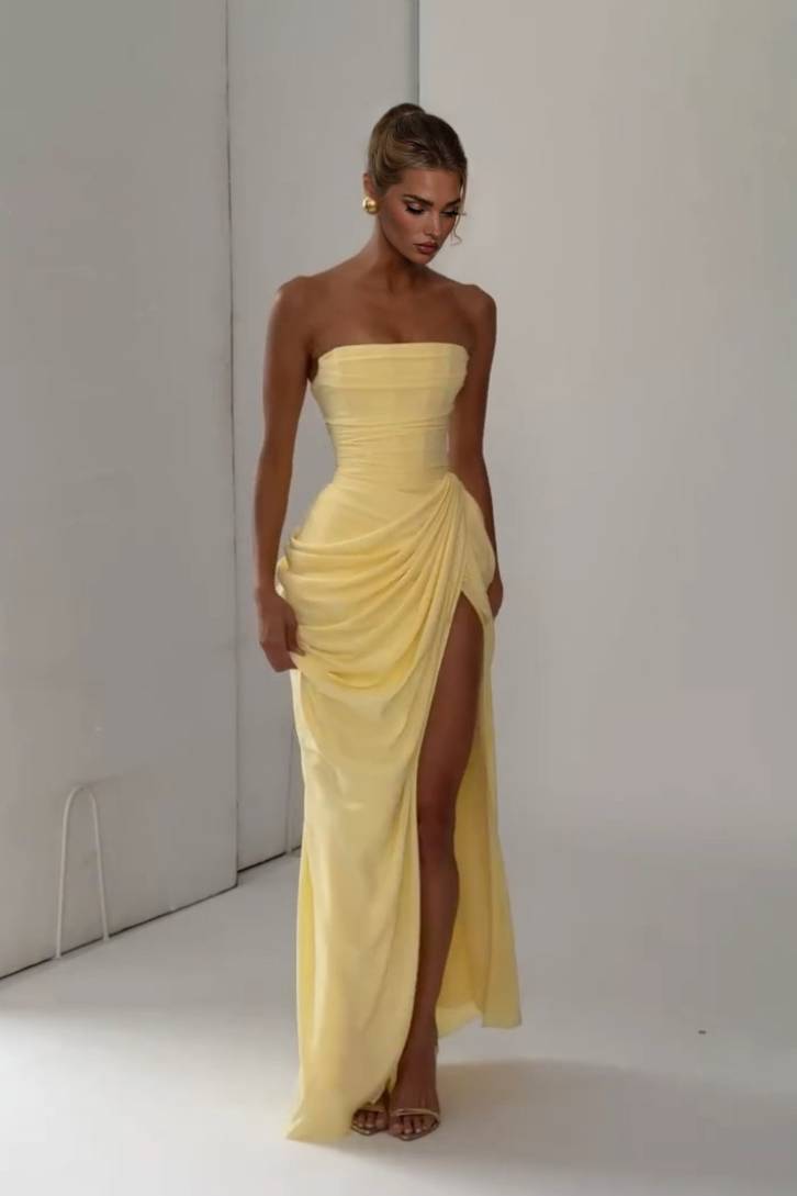 Strapless Pleated Slit Maxi Dress