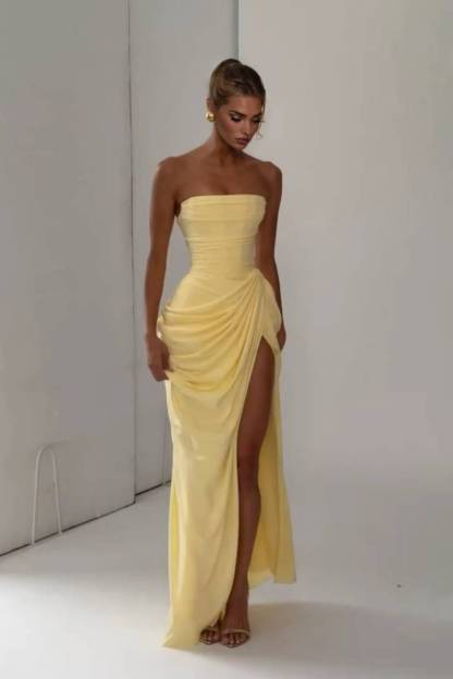 Strapless Pleated Slit Maxi Dress