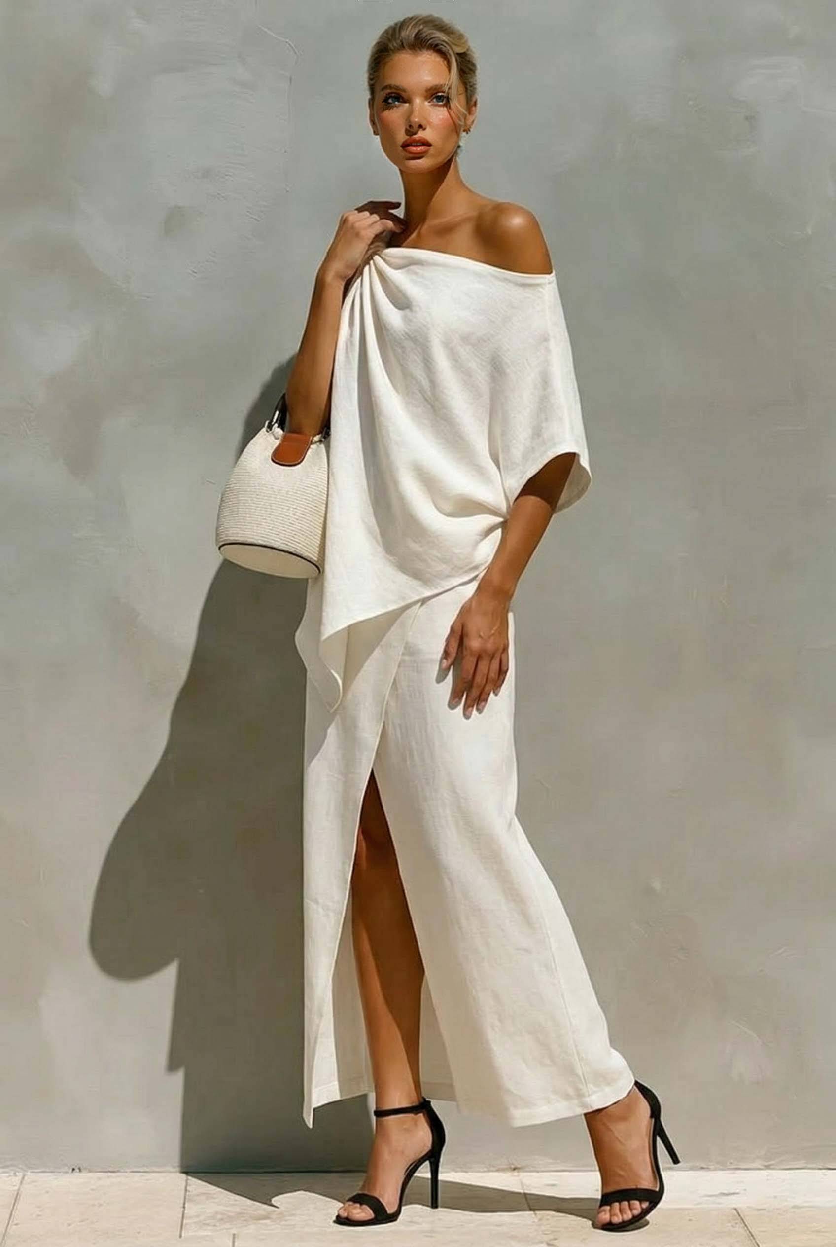 Off-Shoulder Top And Slit Skirt Suit