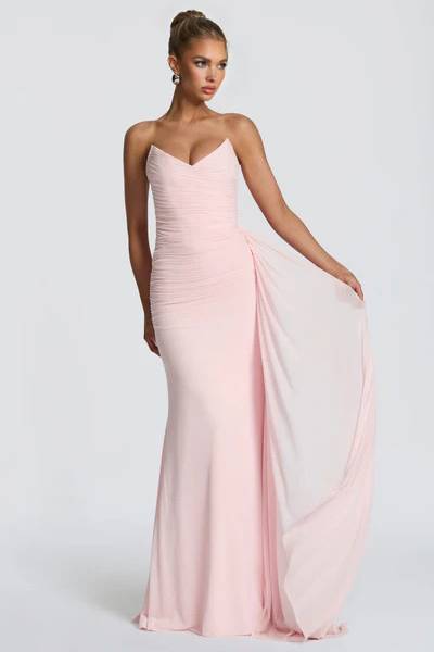 Strapless Pleated Ribbon Design Maxi Dress