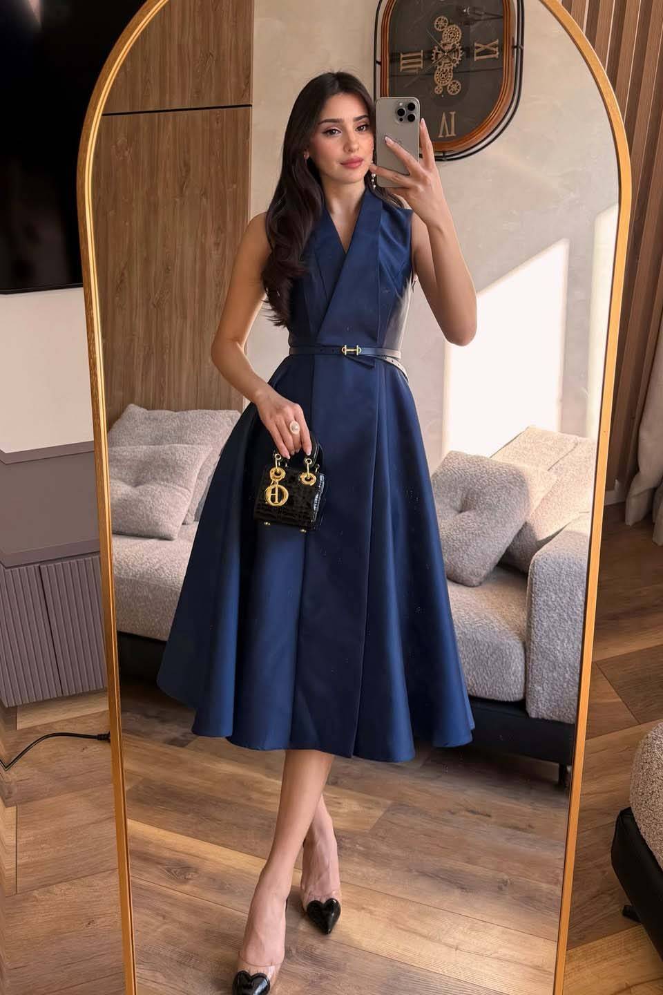 V-Neck High-waisted A- Line Midi Dress