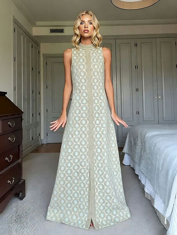 Elegant Geometric Print High Neck Slit Maxi Dress