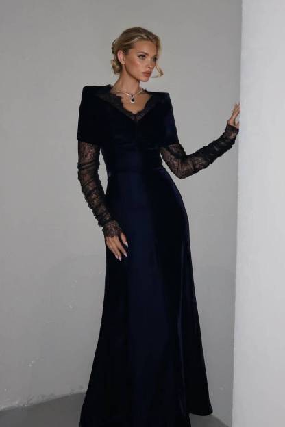 Velvet Splicing Lace Maxi Dress