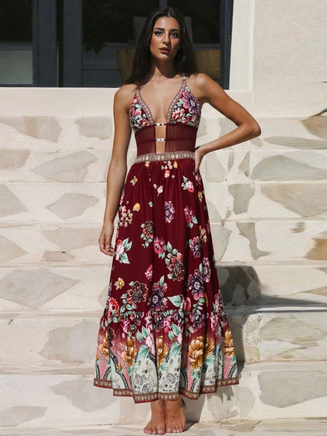 Floral Openwork Mesh One-Piece Swimsuit & Skirt Set