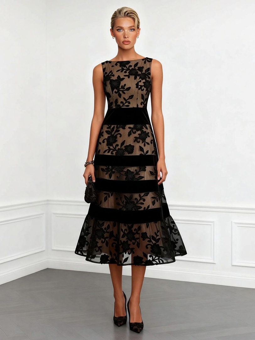 Elegant Flocked Floral Sheer Midi Dress
