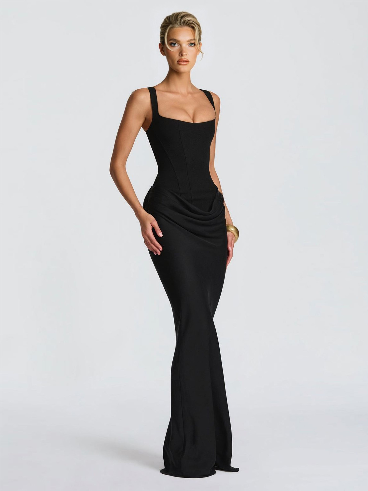 Elegant Square Neck Cinched Top & Ruched Waist Draped Maxi Dress