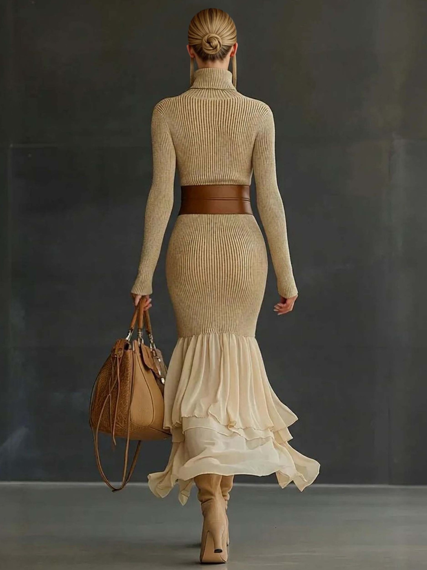 Elegant Asymmetrical Ruffled Knit Midi Dress