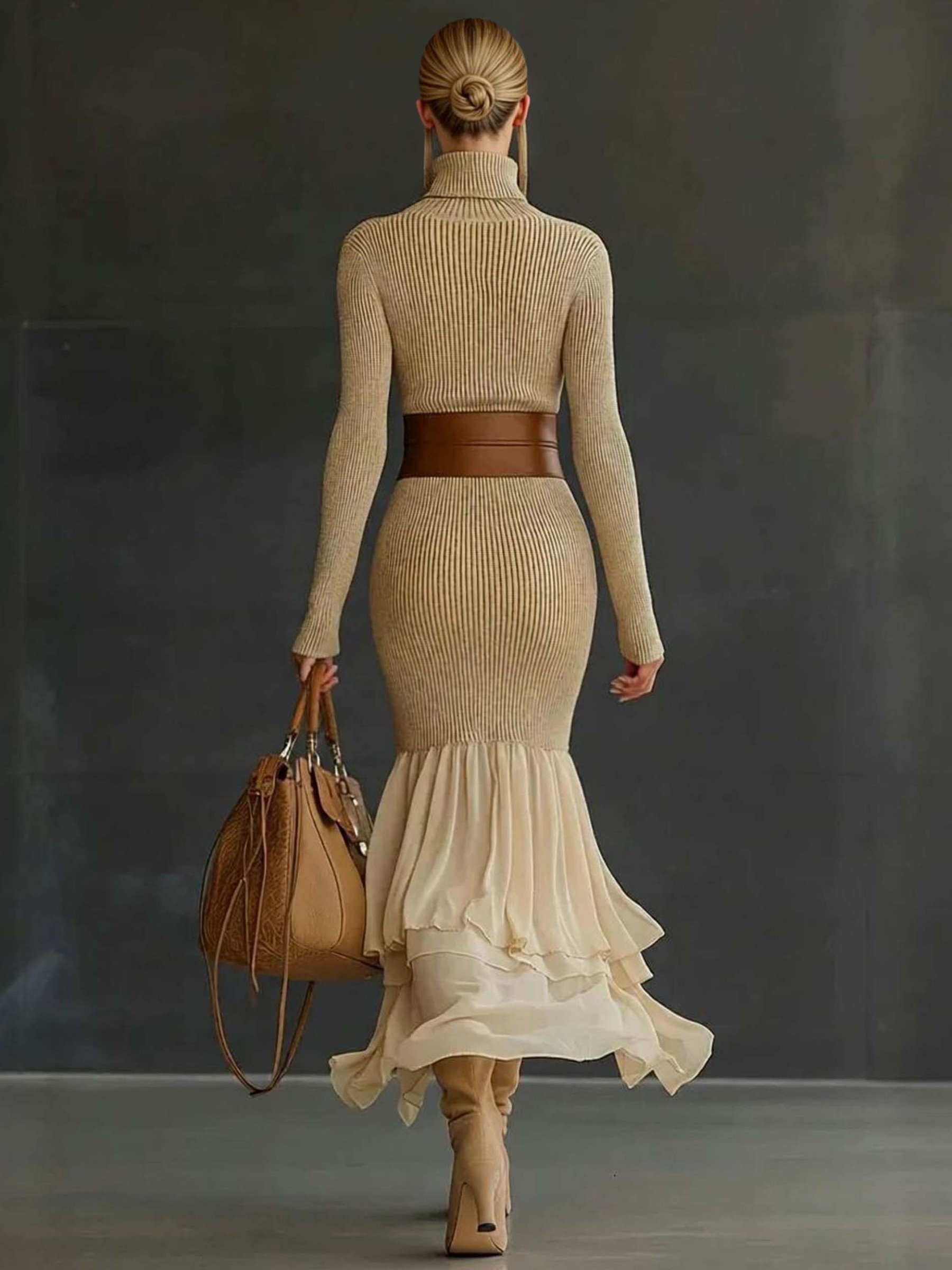 Elegant Asymmetrical Ruffled Knit Midi Dress