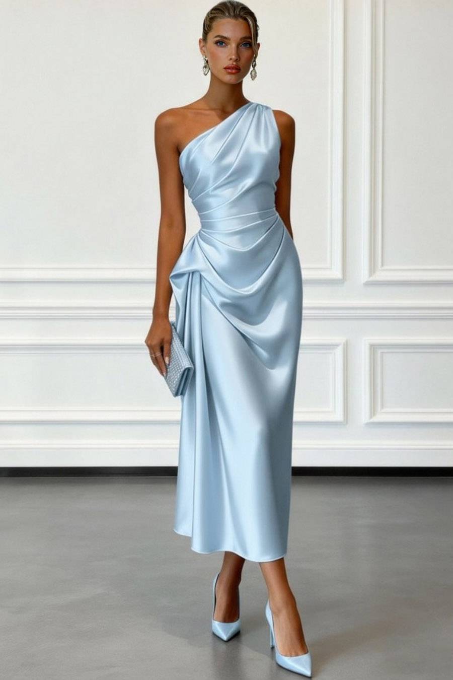 Slanted Collar Pleated Design Midi Dress