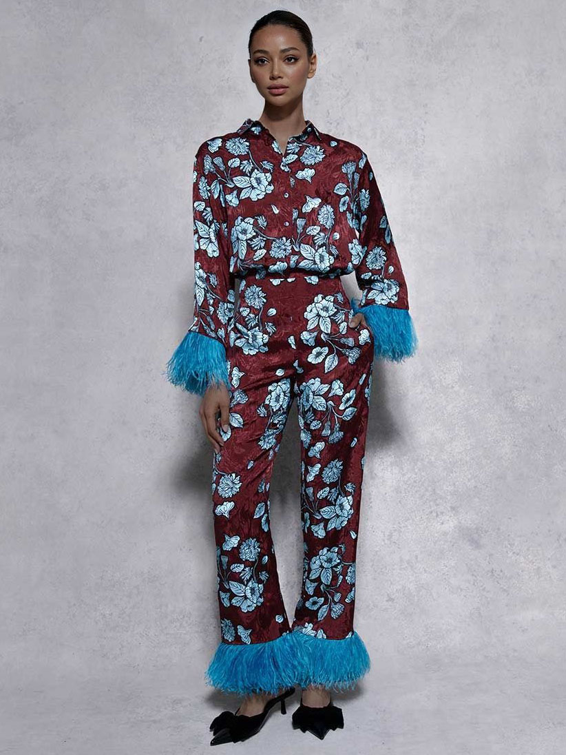 Retro Floral Print Satin Feather Wide-leg Pants