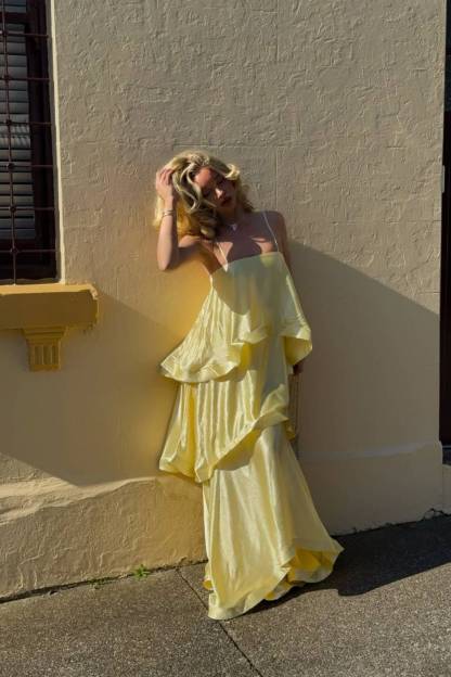 Elegant Three-layer Ruffle Sling Maxi Dress