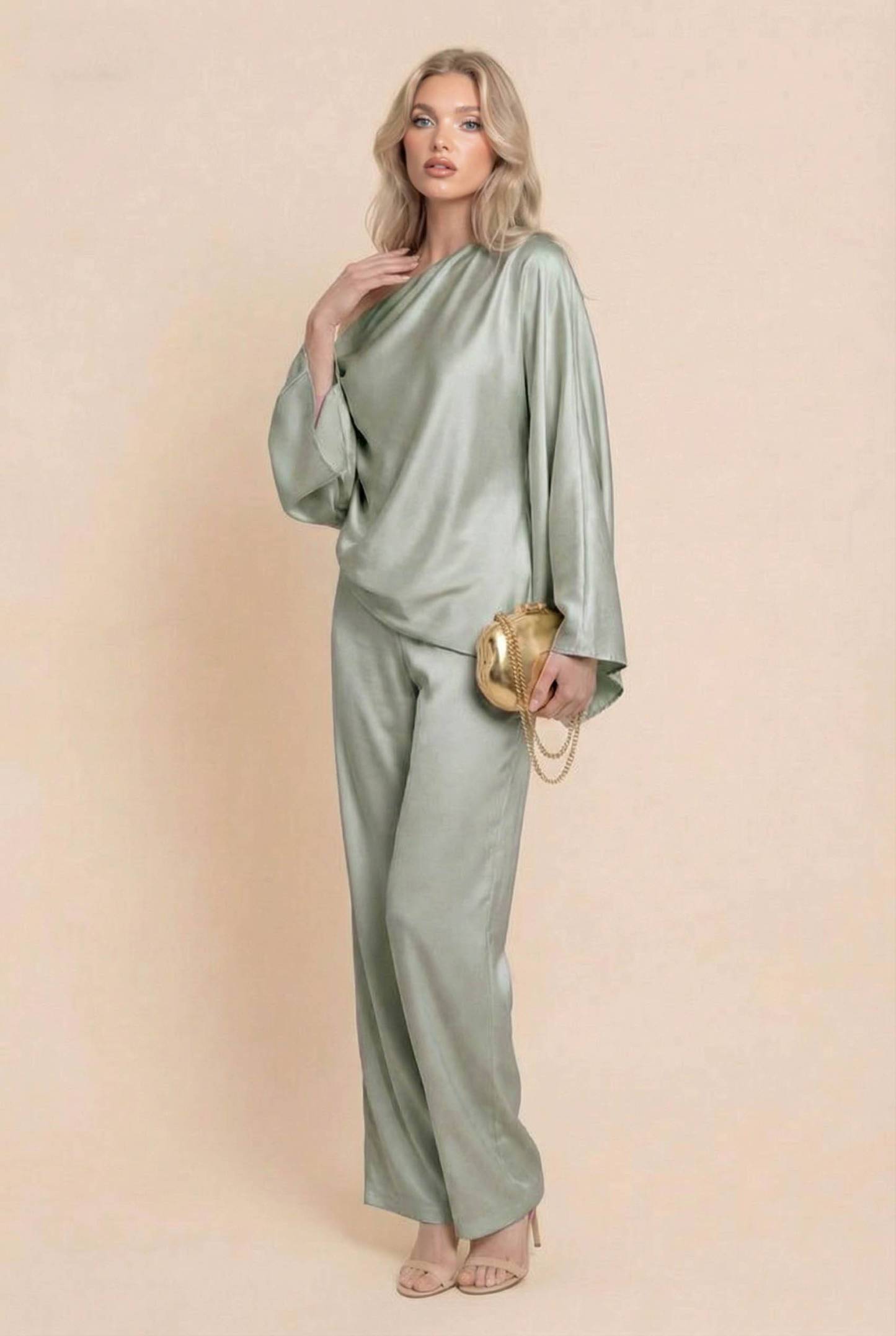 Off-Shoulder Asymmetric Shirt And Wide Leg Pants Set