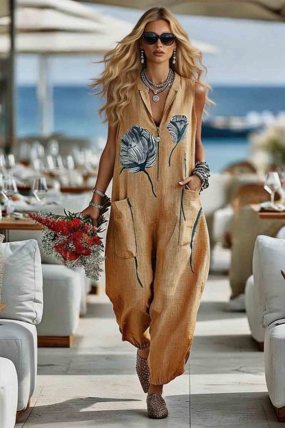 Lapel Printed Jumpsuit