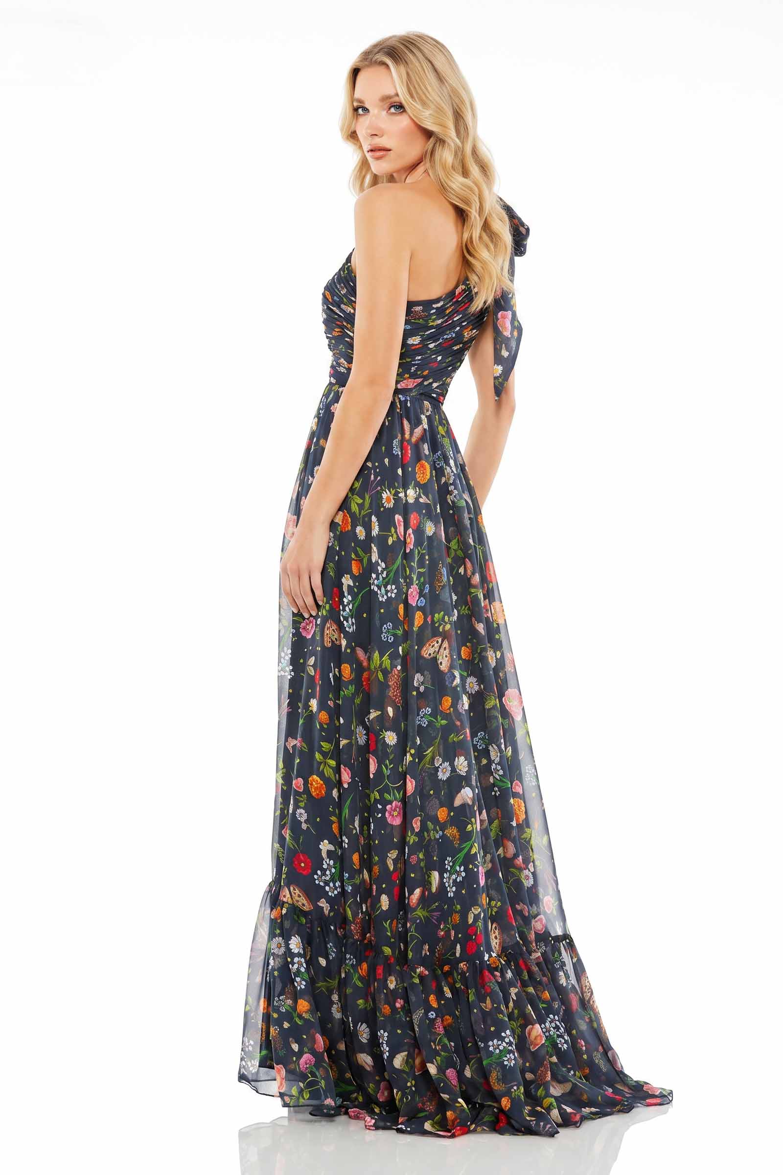 Oblique Neck Hollow Printed Maxi Dress