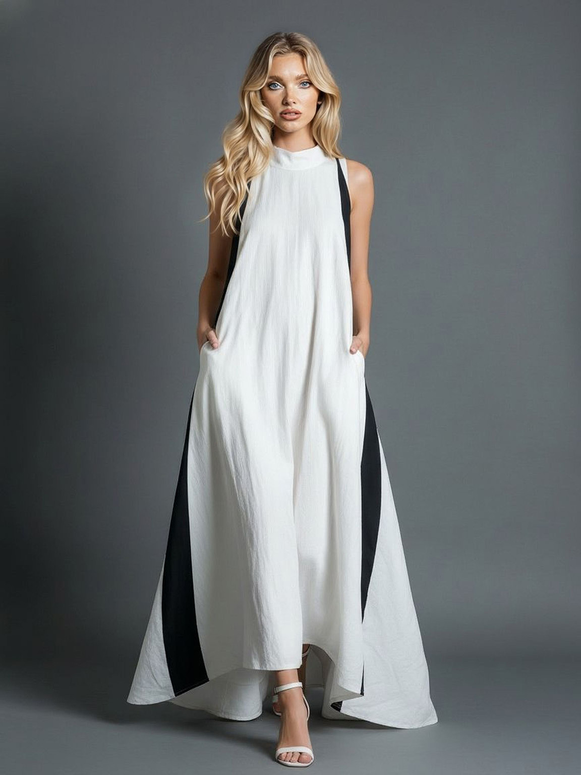 Minimalist Color Block High Neck Maxi Dress