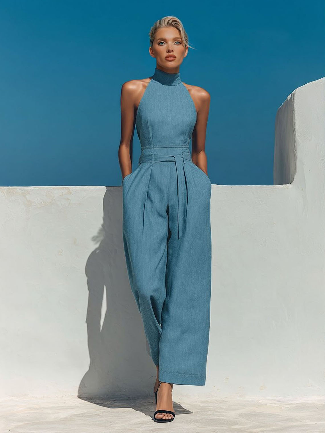 Structured Halter Neck Pleated Wide-Leg Jumpsuit