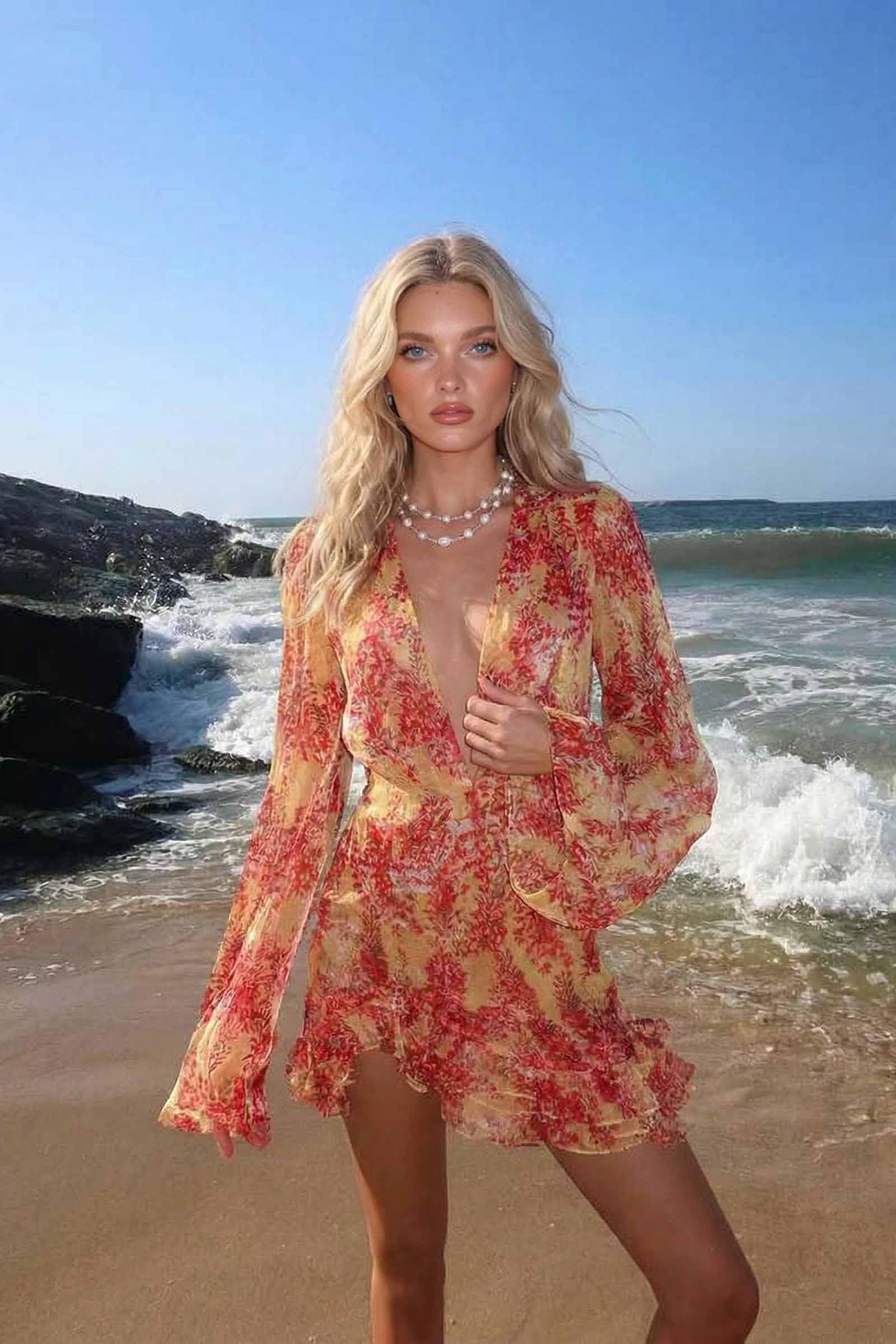 Deep V-Neck Printed Mini Dress