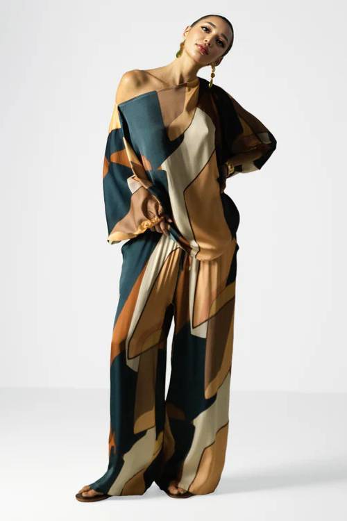 Geometric Print Shirt And Wide Leg Pants Set