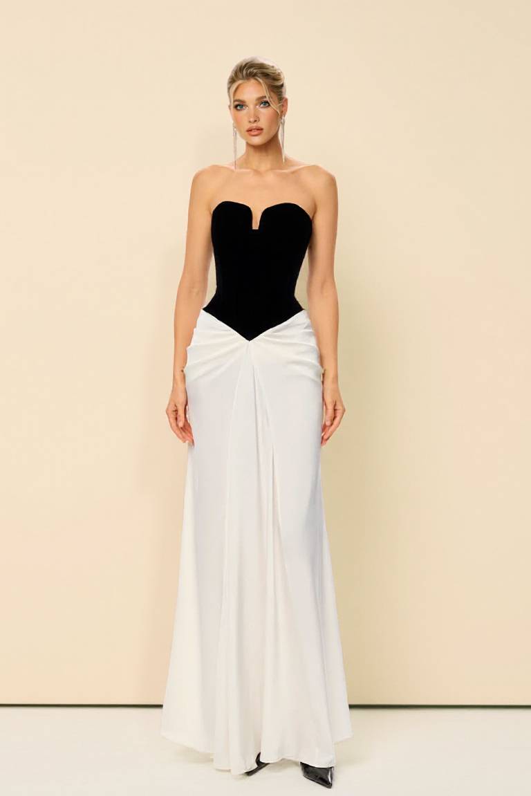 Tube Top Color Contrast Pleated Maxi Dress