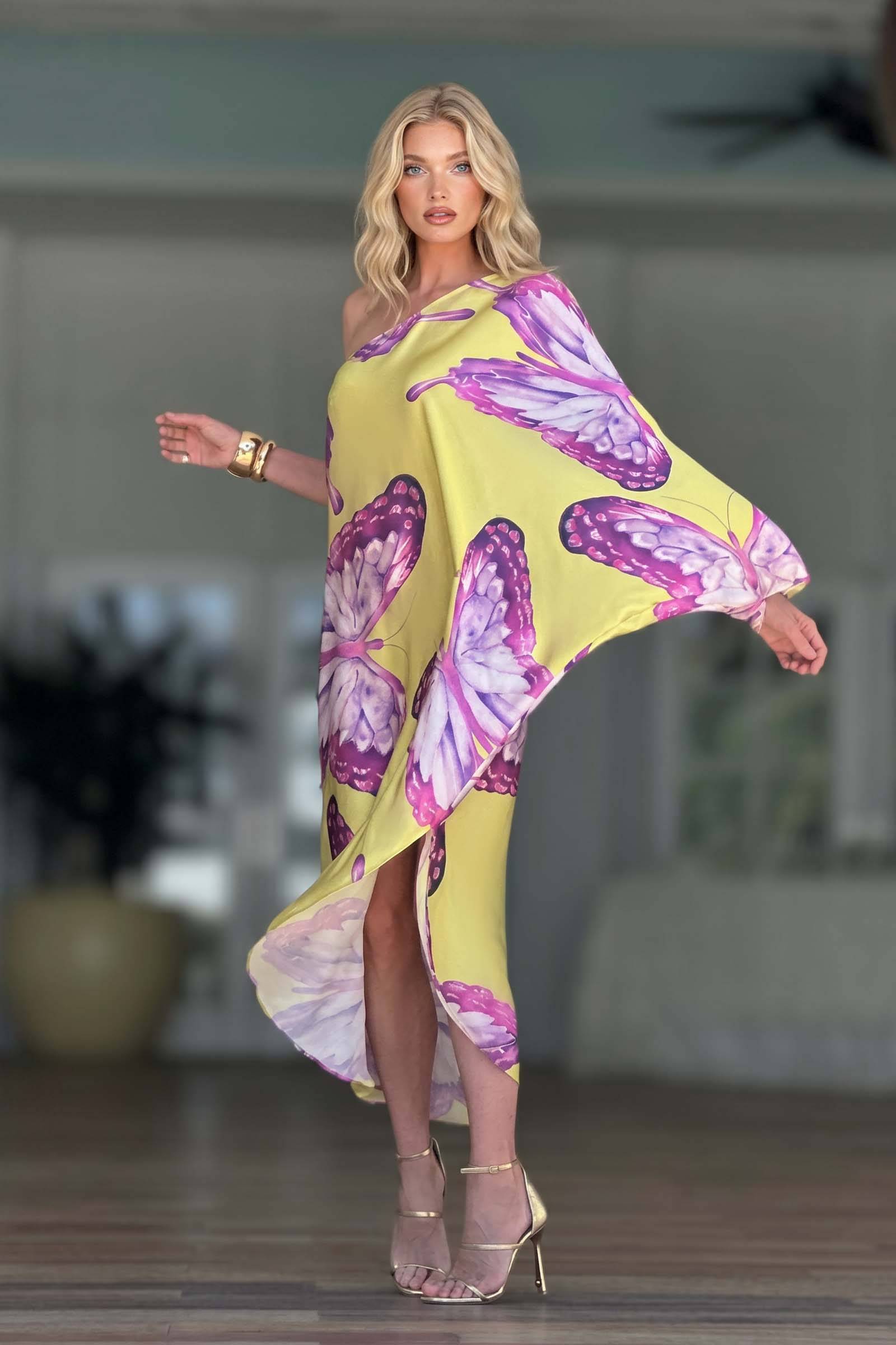 Butterfly-Printed Slant-Neck Dress