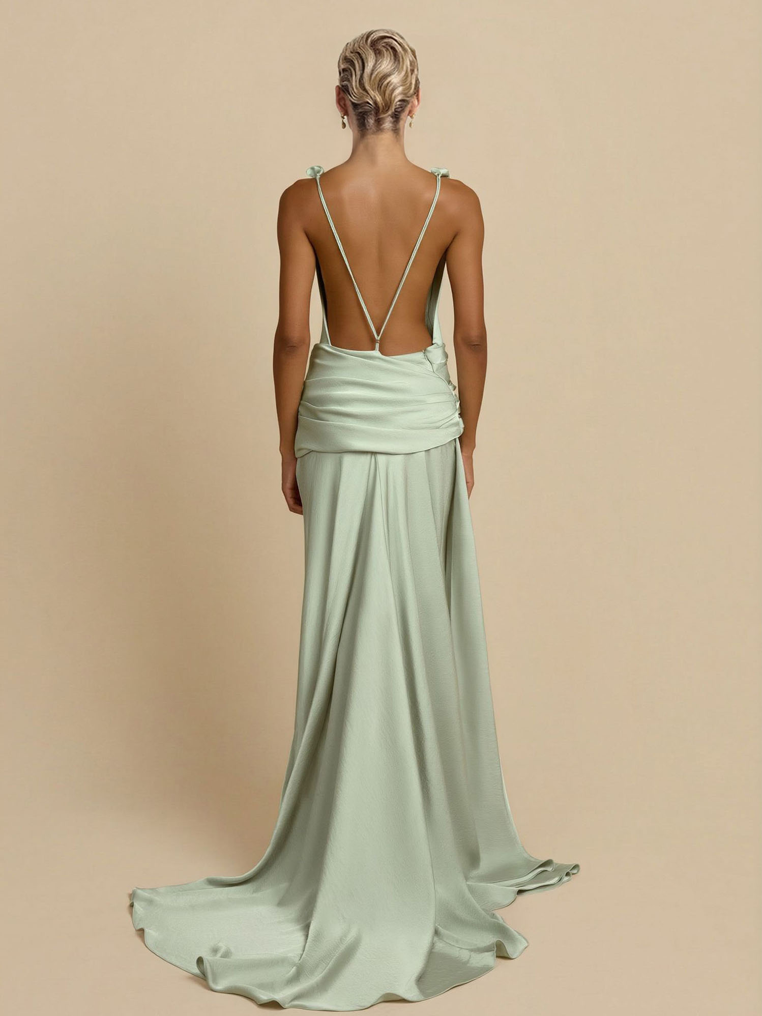 Elegant Satin Deep V-Neck Ruched Flowing Maxi Dress