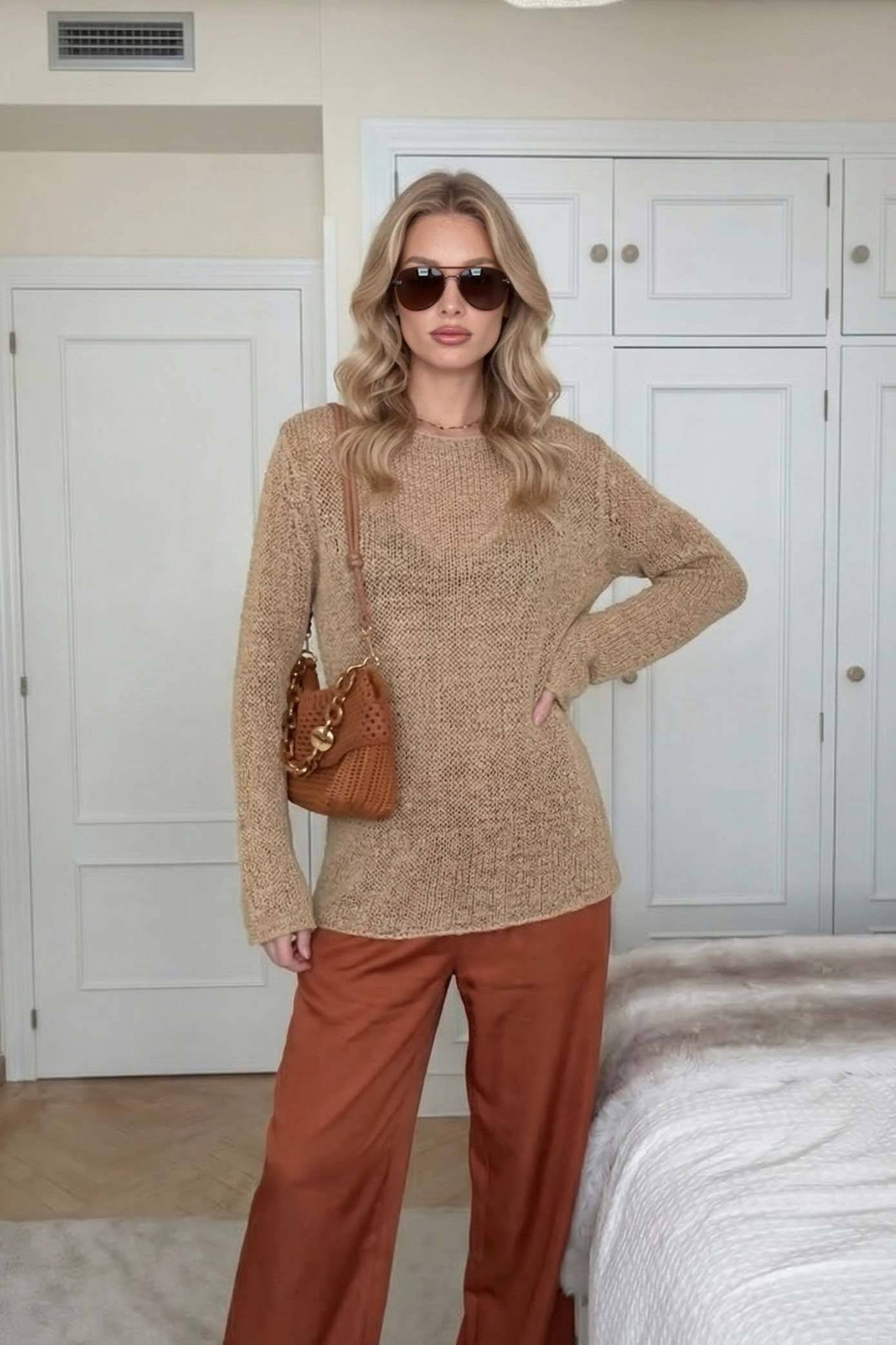 Knit Top Drawstring Wide Leg Pants Set