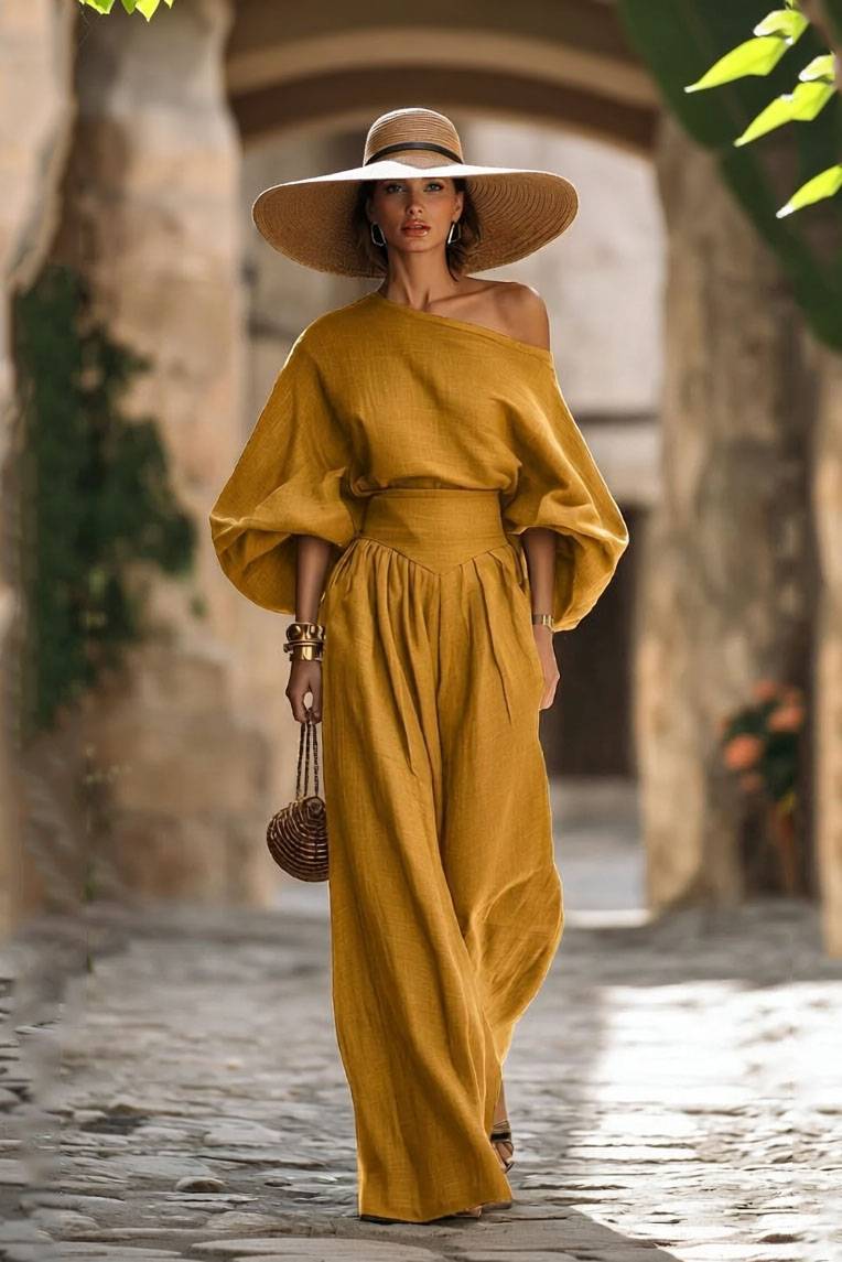 Off-shoulder Shirt And Wide-leg Pants Set