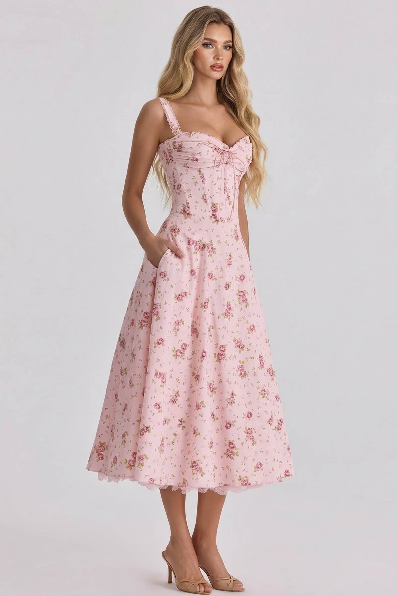 Floral Strap High-Waist A- Line Midi Dress