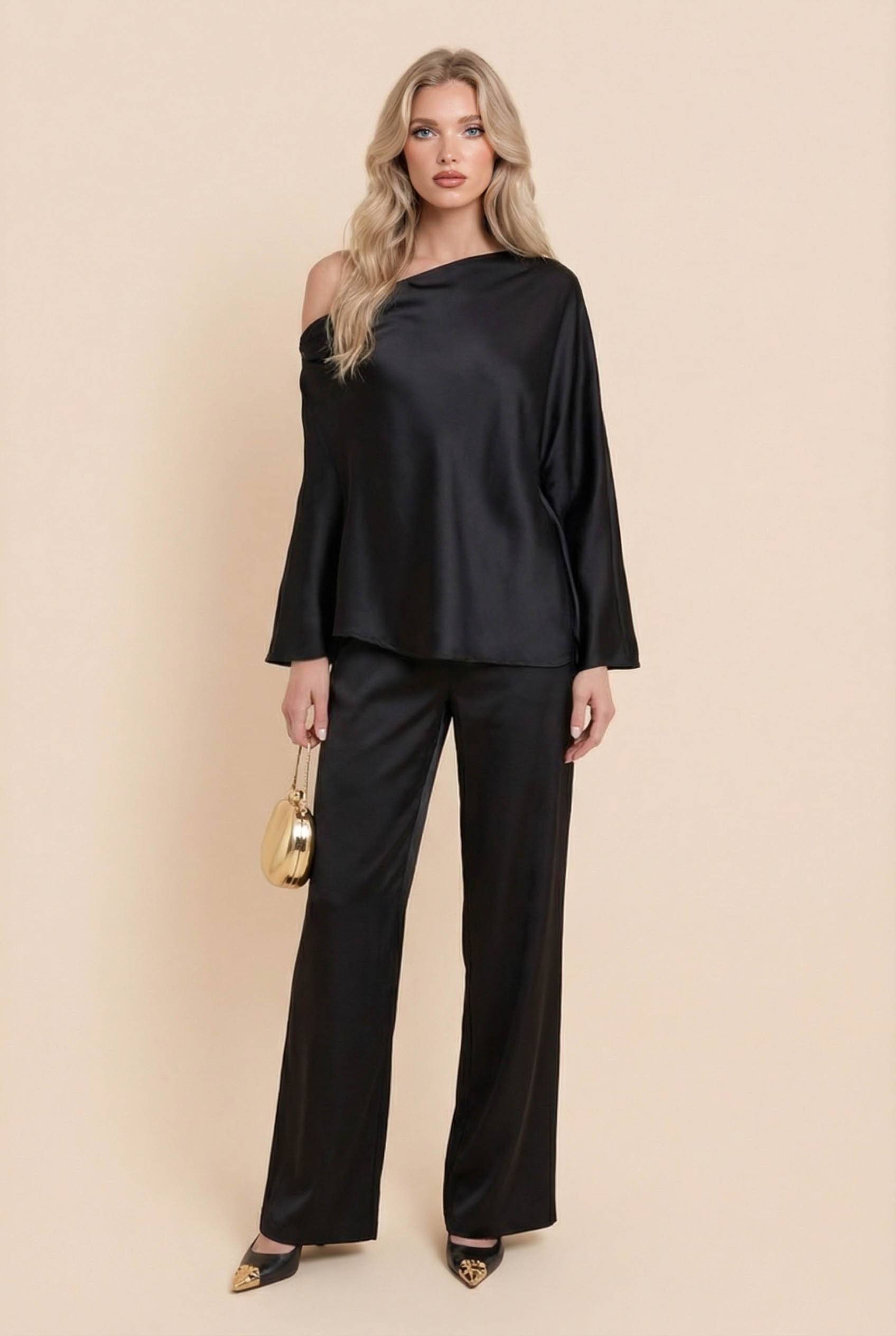 Off-Shoulder Asymmetric Shirt And Wide Leg Pants Set