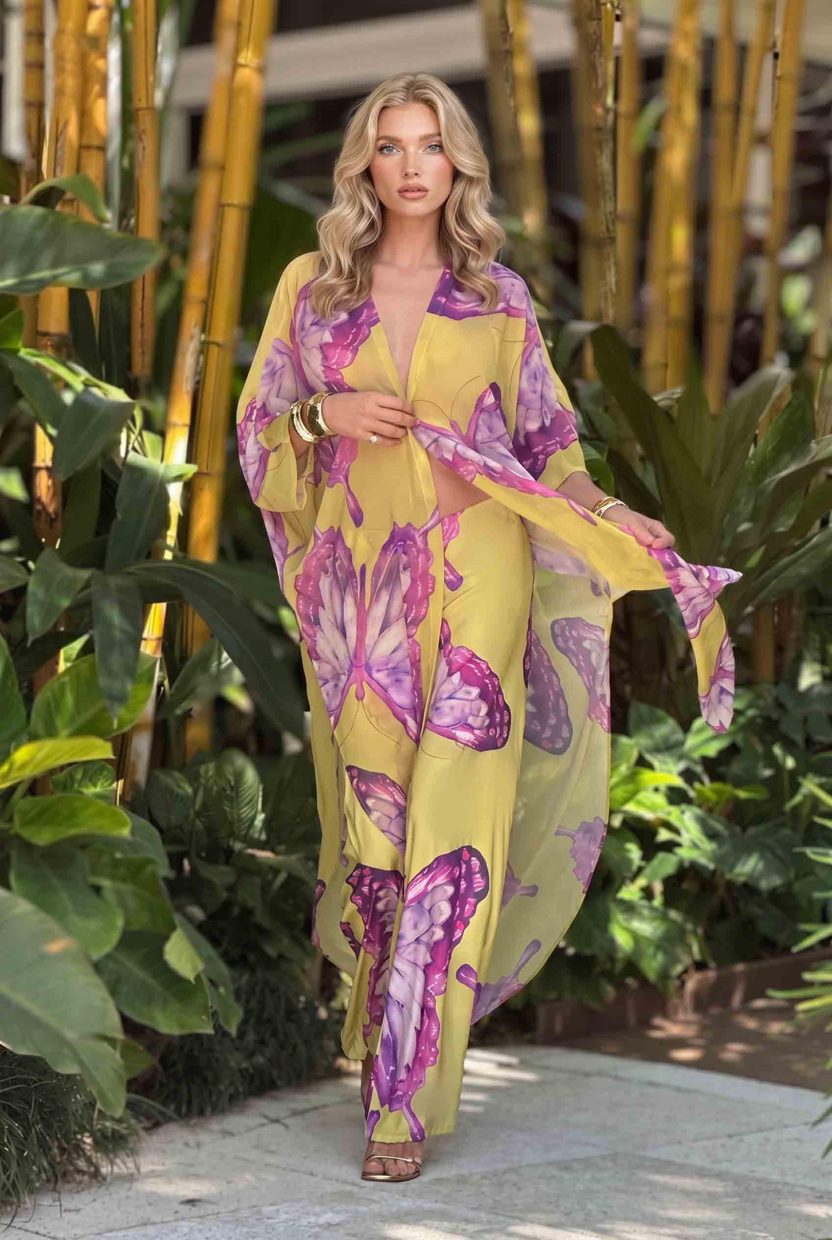 Butterfly Printed Cardigan And Wide Leg Pants Set