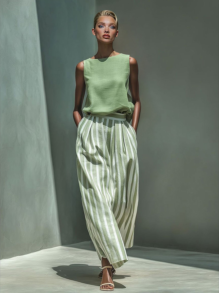 Casual Striped Two-Piece Set With Wide-Leg Pants