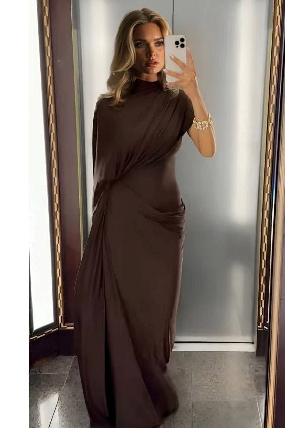 Irregular Shawl Pleated Maxi Dress
