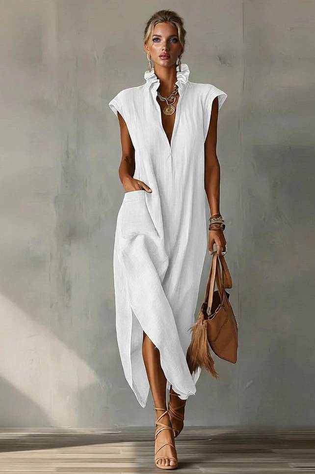 Lace Stand Collar Slit Dress