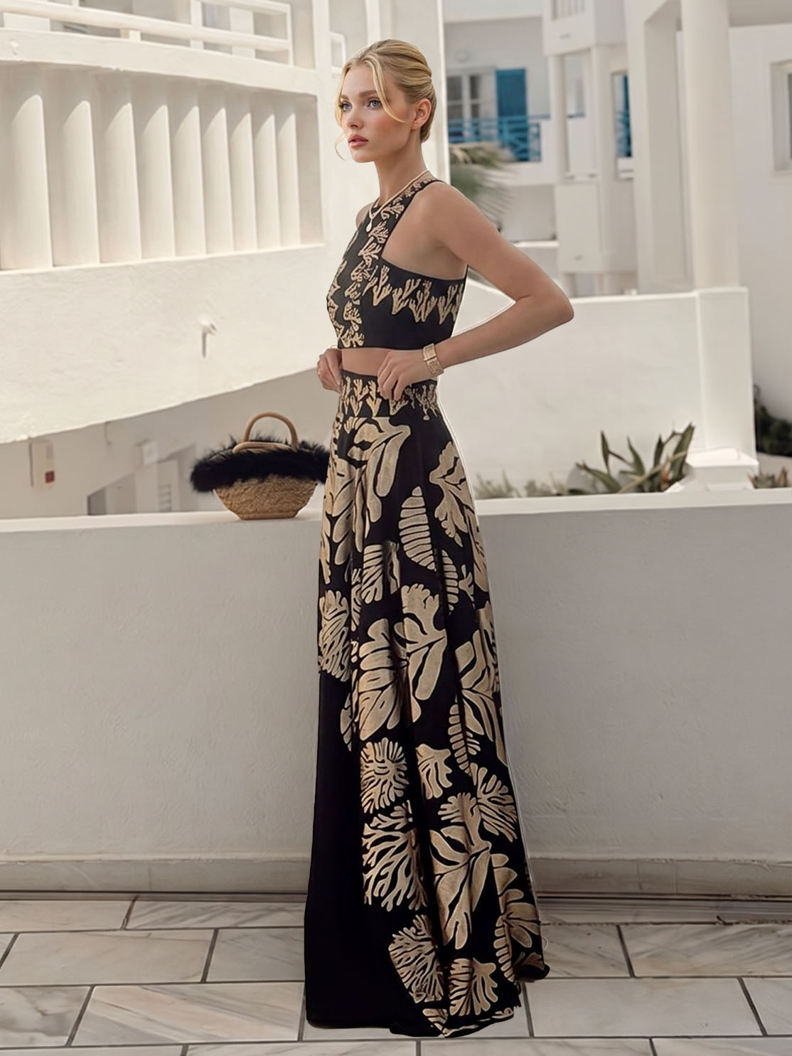 Bohemian Leaf Print Crop Top & Maxi Skirt Two-Piece Set
