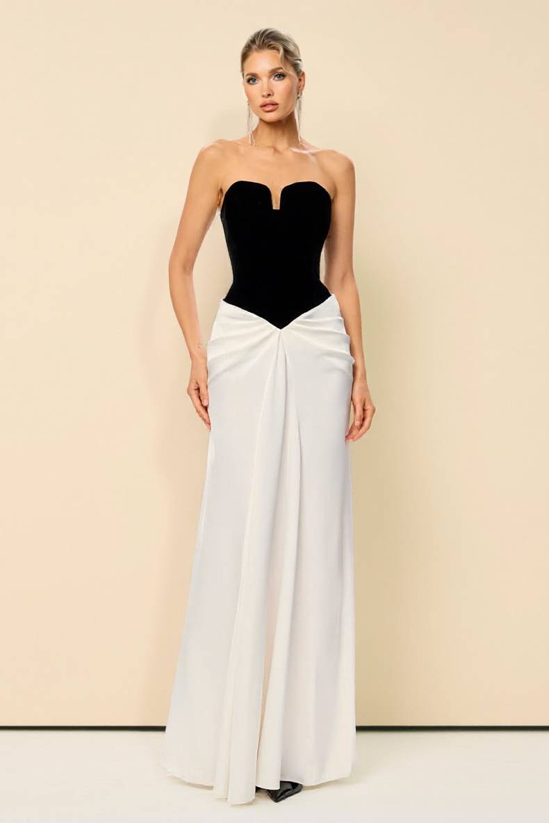 Tube Top Color Contrast Pleated Maxi Dress