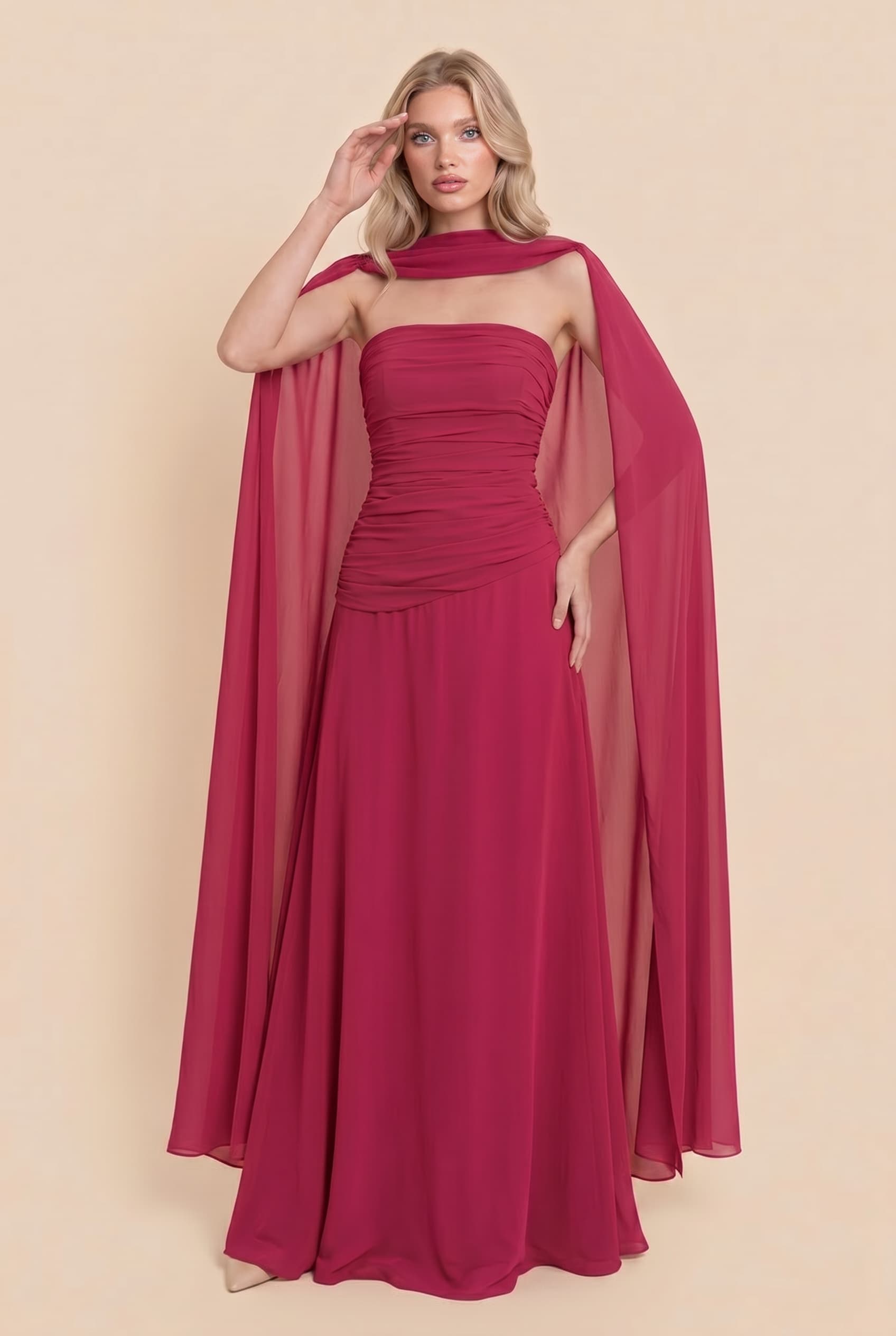 Pleated  Design Cape Maxi Dress