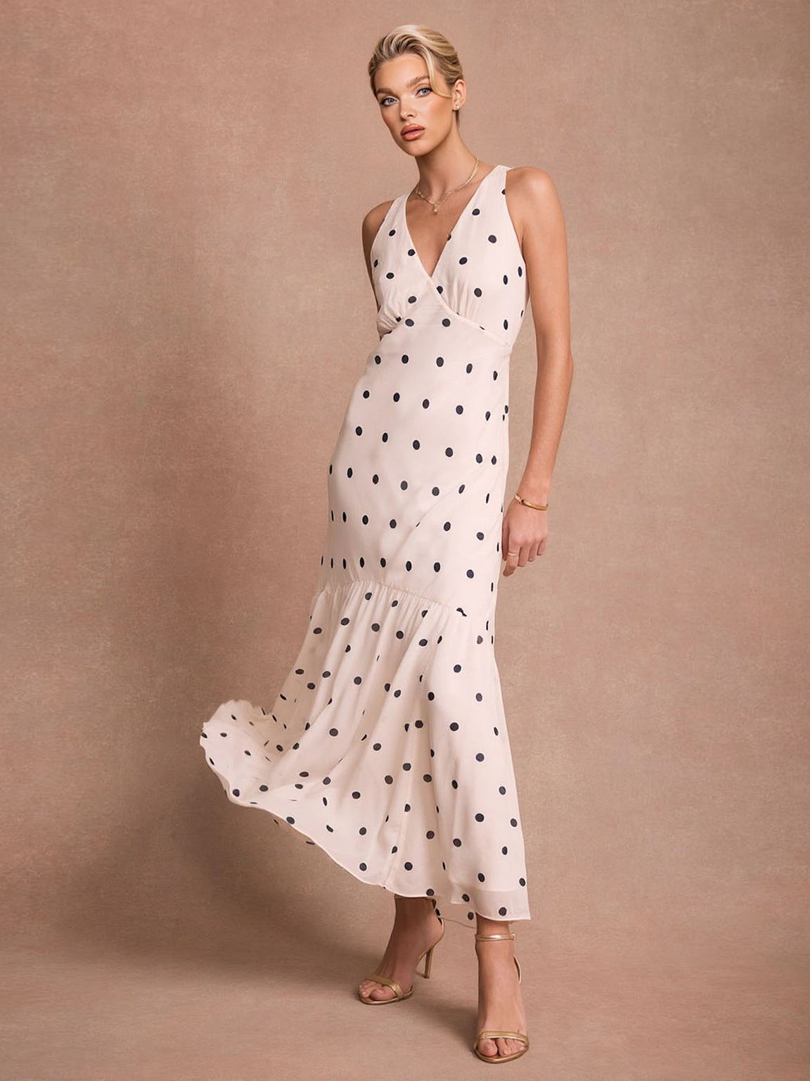 Elegant Polka Dot Ruffle Layered Chiffon Cape Maxi Dress