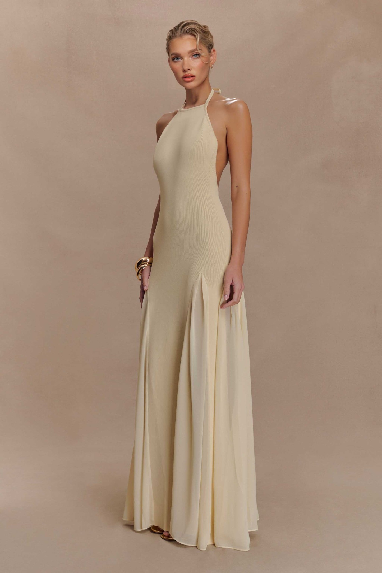 Halter-Neck Knit Tulle Spliced Maxi Dress