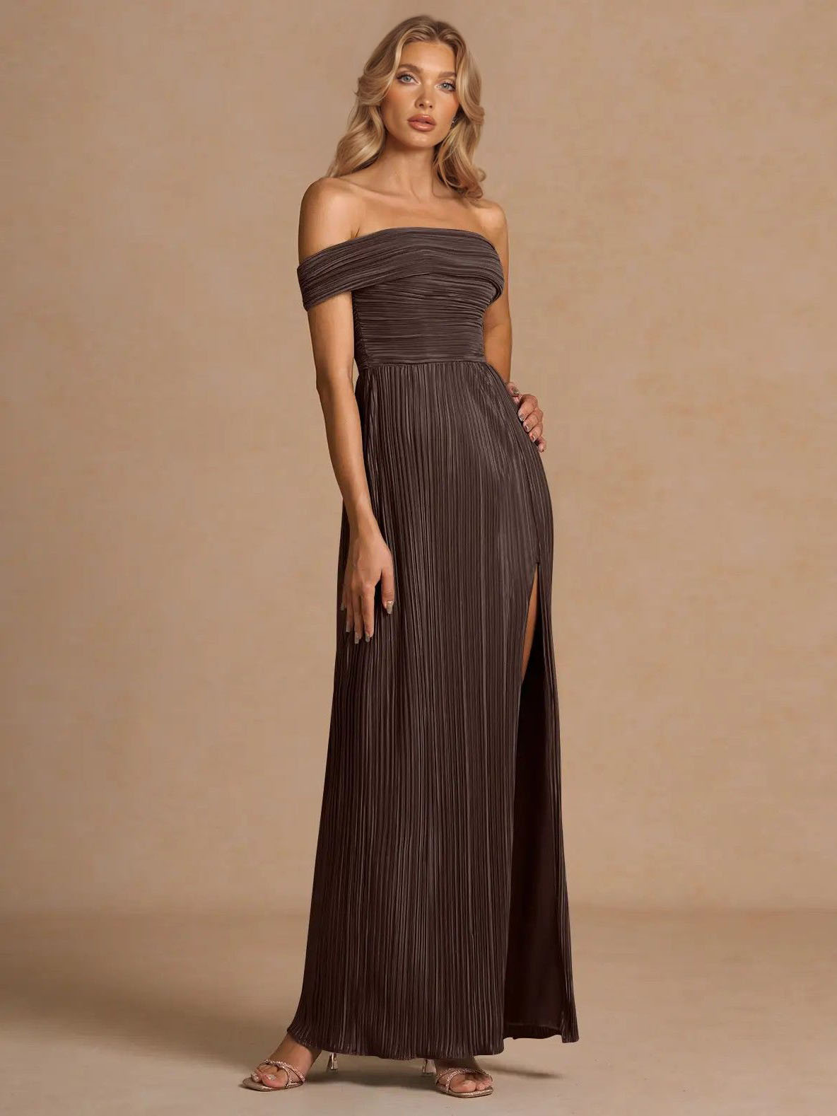 Elegant Off-The-Shoulder Pleated Slit Maxi Dress