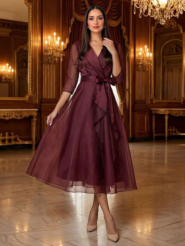 Elegant Draped Shawl-Collar Organza Midi Dress