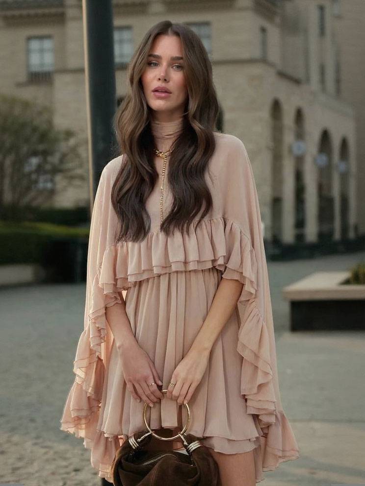 Semi-Sheer Chiffon Ruffle Cape And Mini Dress Suit