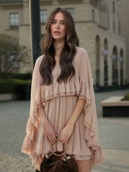 Semi-Sheer Chiffon Ruffle Cape And Mini Dress Suit