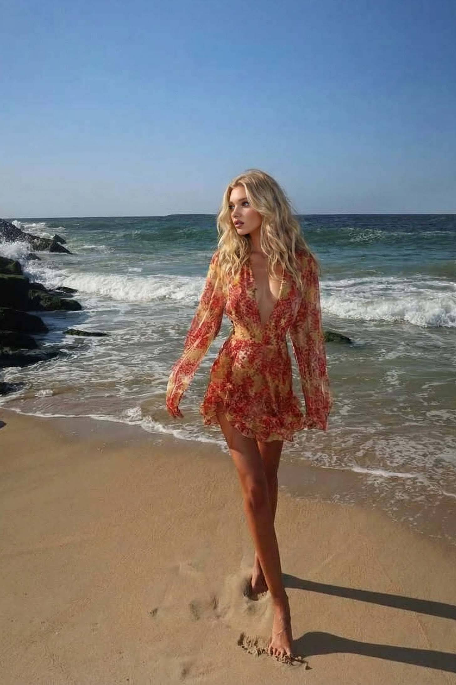 Deep V-Neck Printed Mini Dress