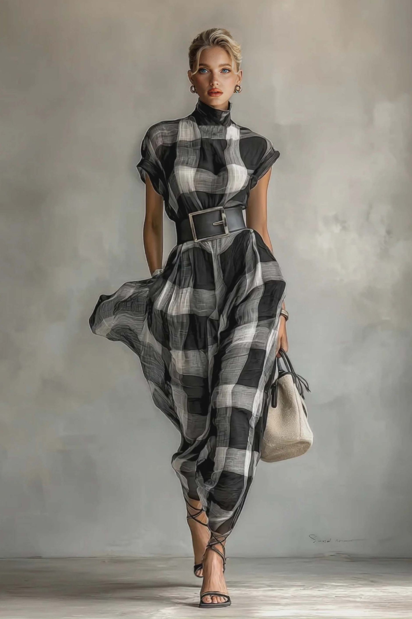 Checked Pattern Stand-Collar Short-Sleeved Dress