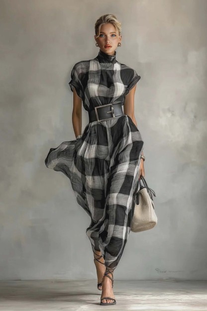 Checked Pattern Stand-Collar Short-Sleeved Dress