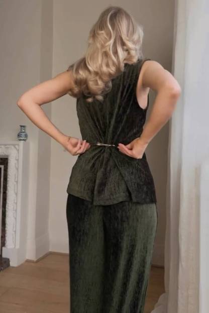 Sleeveless Velvet Top And Wide Leg Pants Set