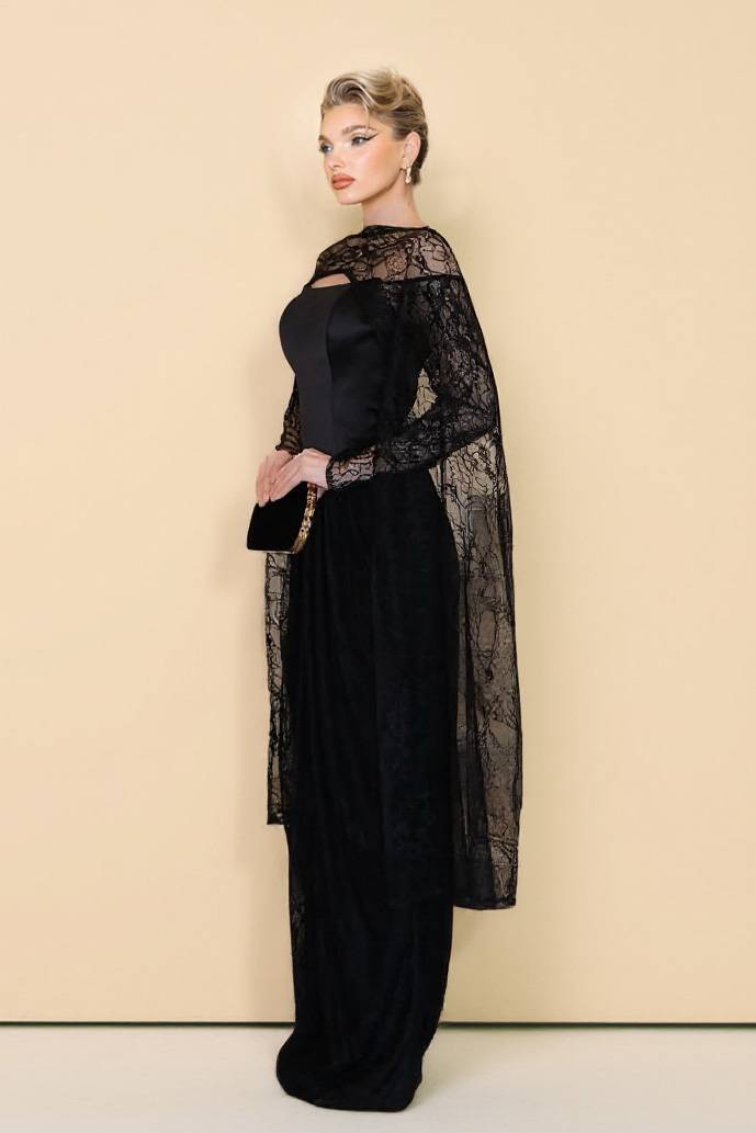 Lace Cape Off-shoulder Long Sleeve Maxi Dress