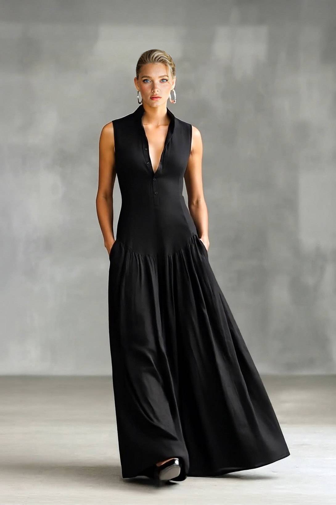 Minimalist Stand-Collar Maxi Dress